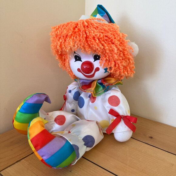 Dolmax Polka Dot Happy Clown Doll Shelf Sitter Vintage 70s Toy Rainbow 14" Tall - Picture 1 of 9